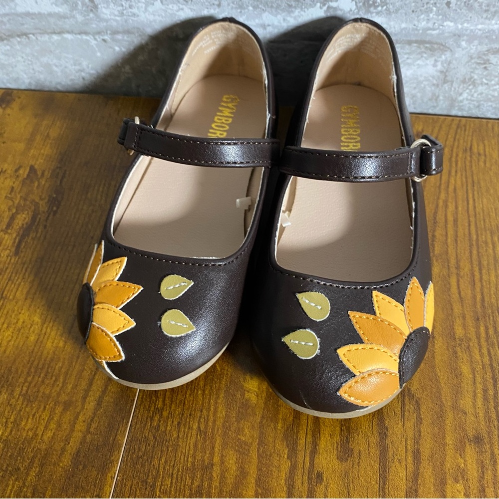 Gymboree Girls Brown Mary Jane Shoes Yellow Sunflower Accent toddler baby size 7